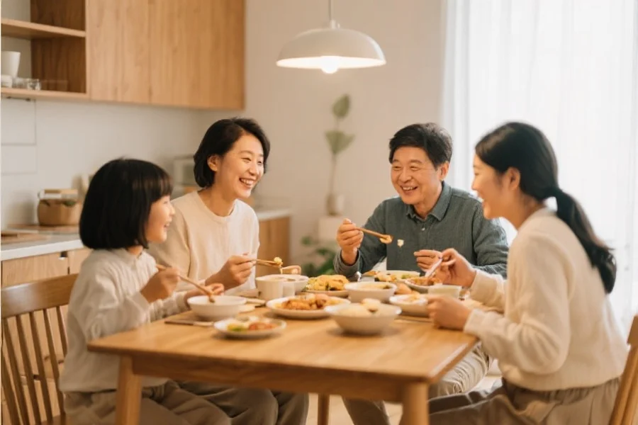温馨的家庭成员围坐在餐桌旁，享受晚餐，气氛轻松愉快，象征平凡中的幸福与团圆