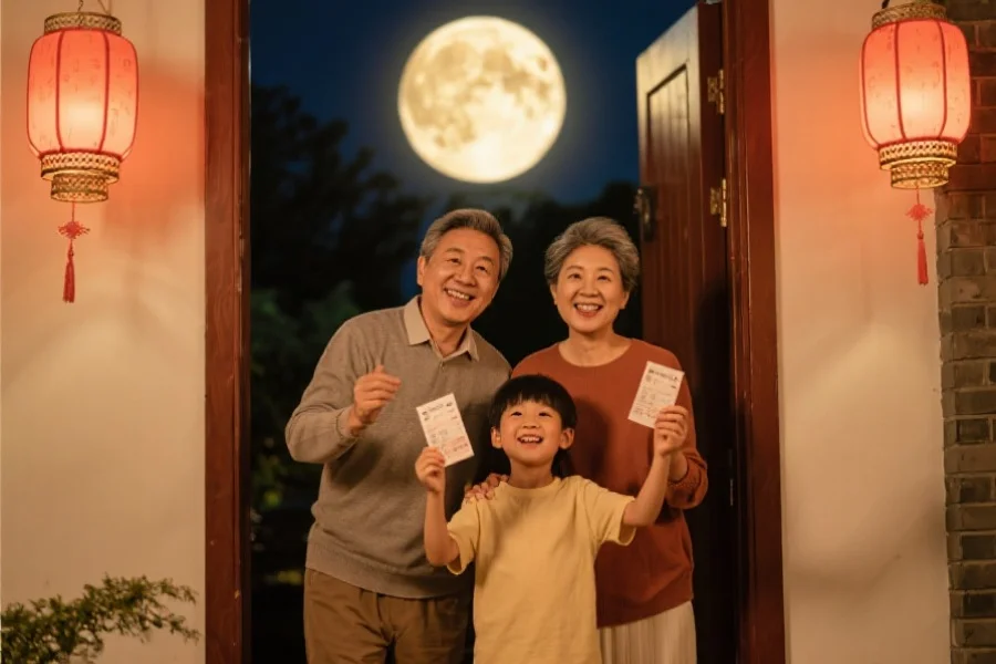 中年夫妇与孩子在中秋夜下,手持彩票,笑容满面地站在家门口,背景是圆月与灯笼