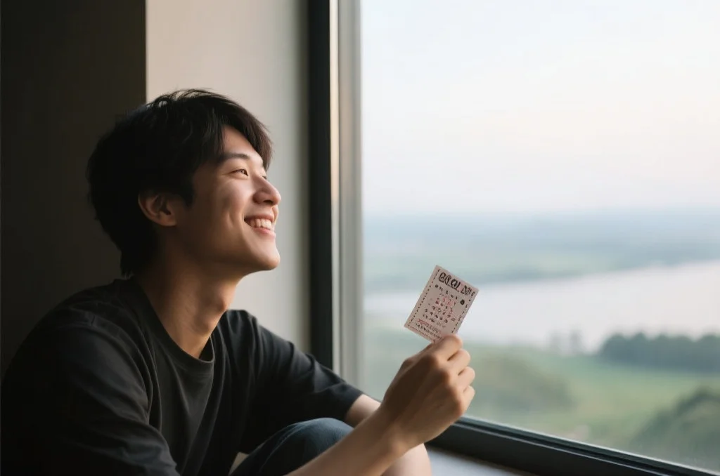 一个人面带微笑，享受宁静时光，手持彩票却不沉迷